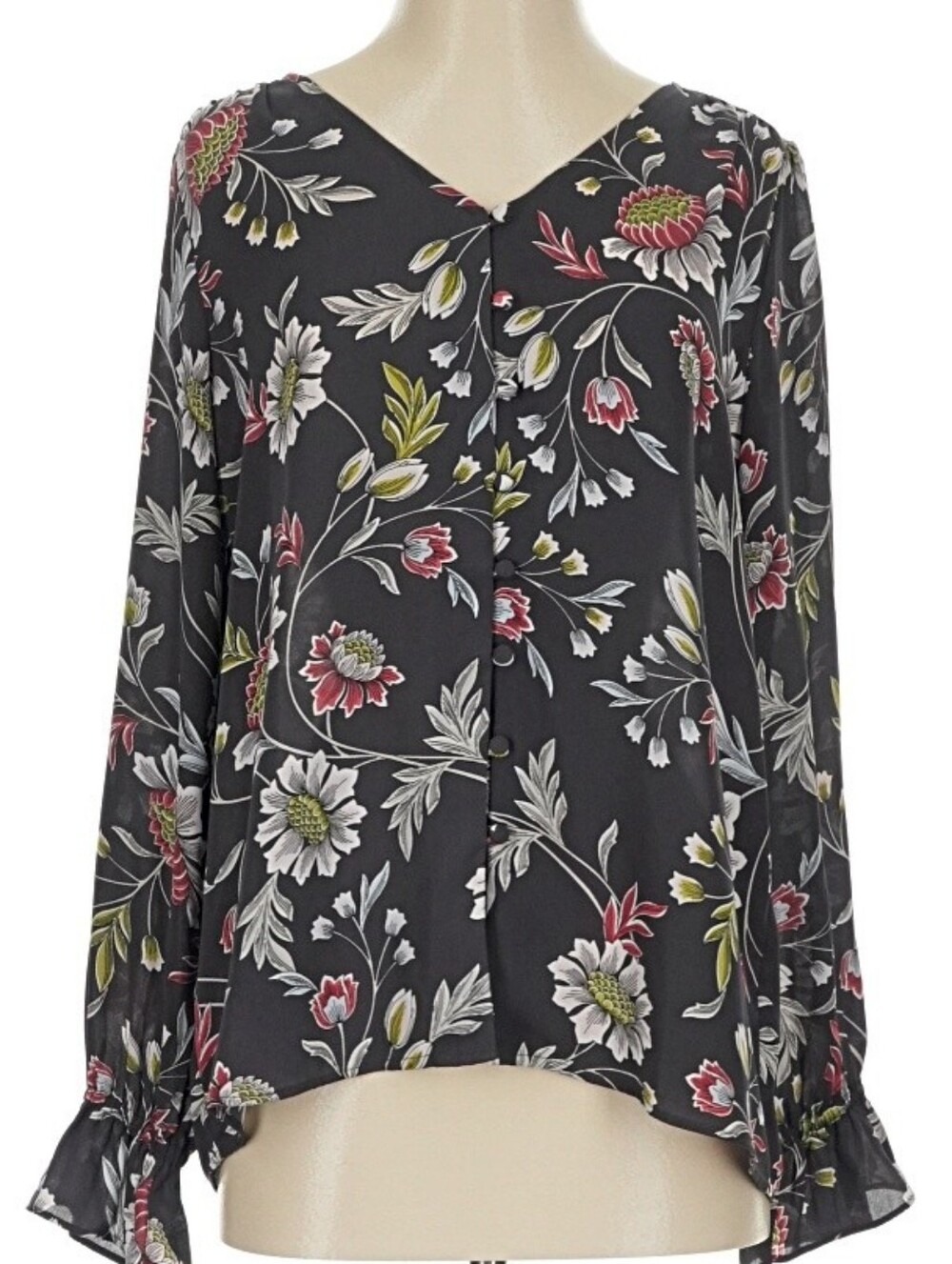 LOFT Gray Floral V-Neck Button Front Blouse